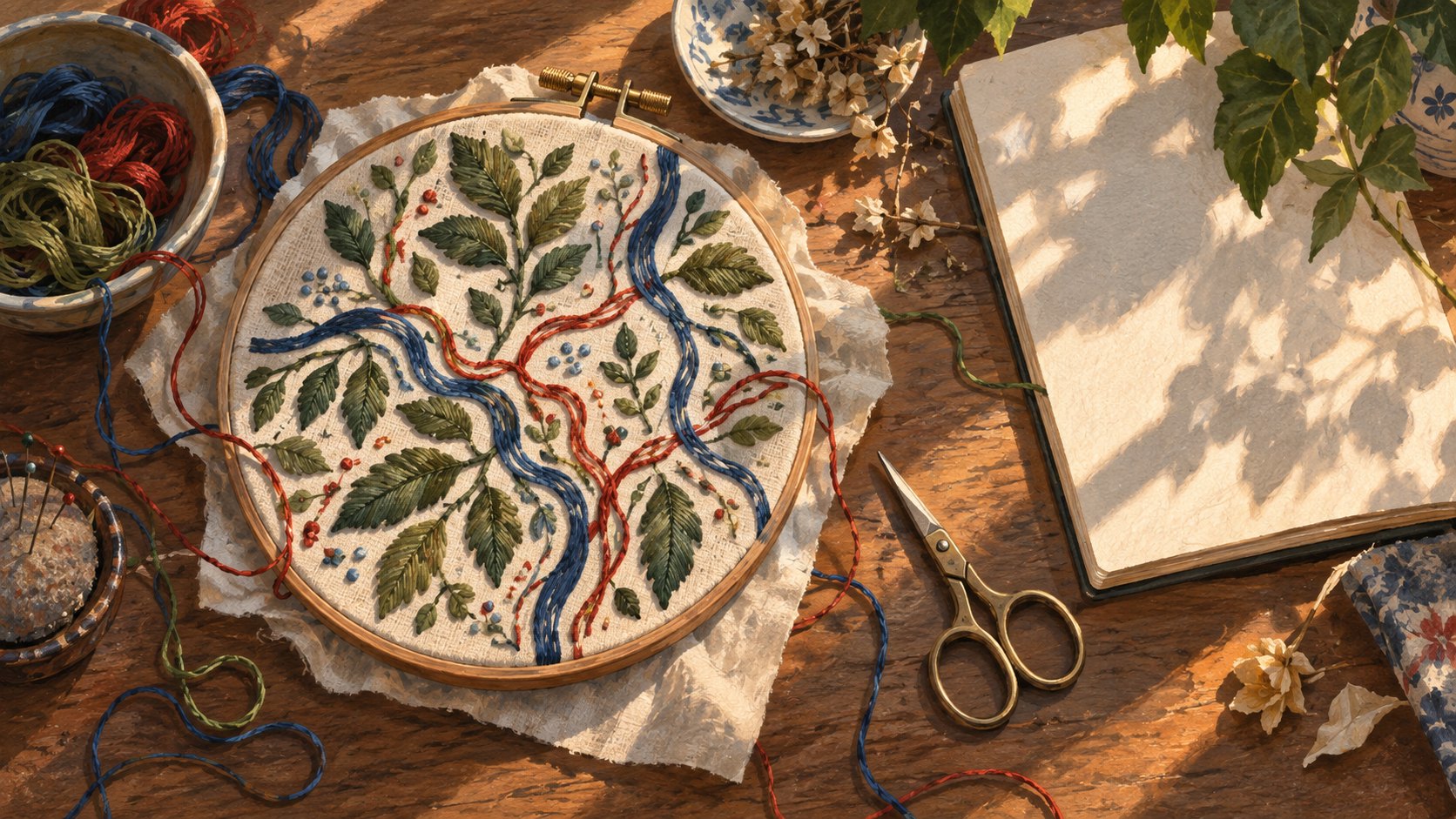 原創概念插畫:午後光影落在刺繡工作桌上,繡框中的枝葉與紅藍線條彼此交織,非片中藝術作品