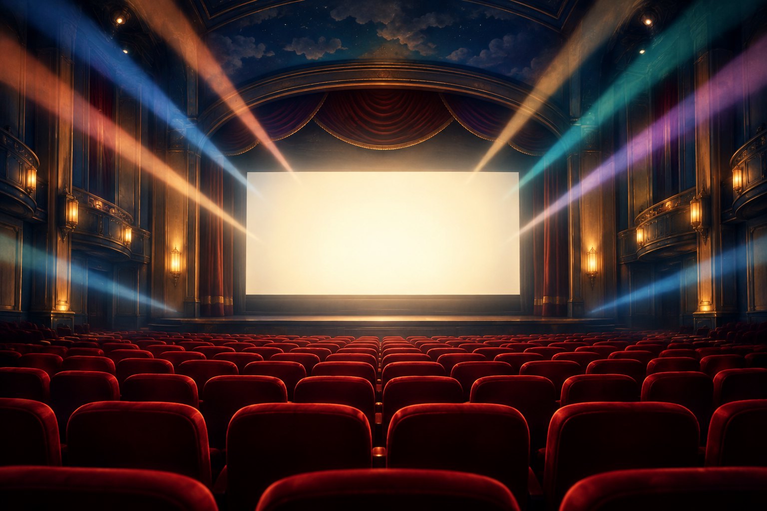 An empty movie theater with red seats and colored light beams converging on a glowing blank screen.