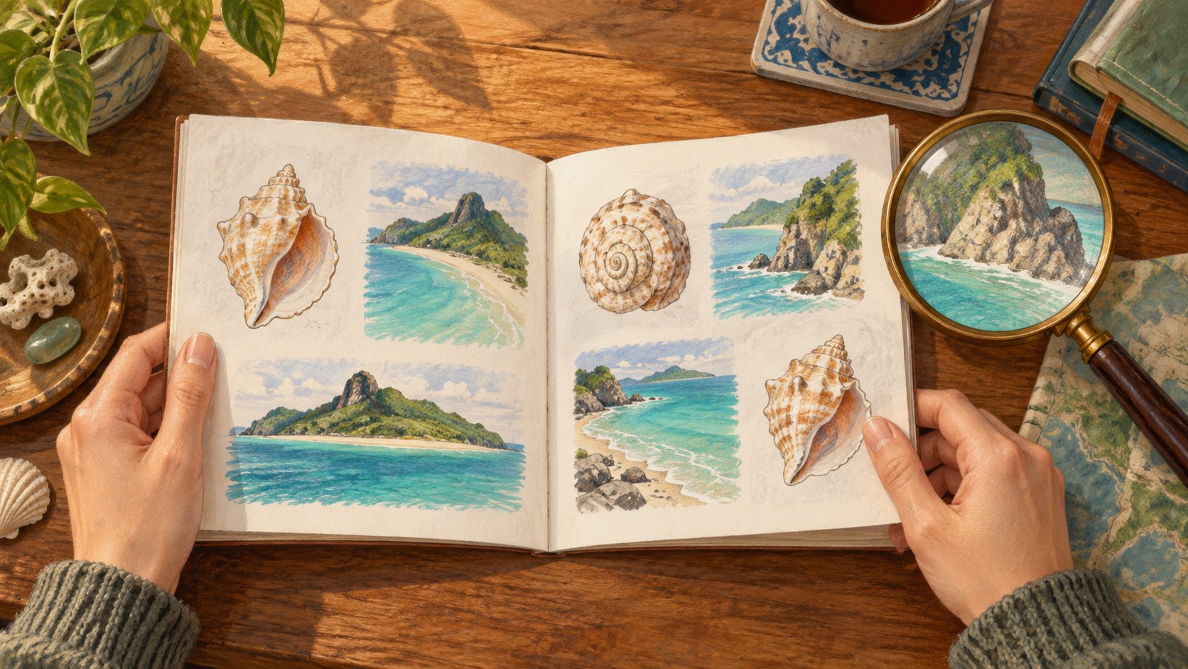 雙手翻閱海島與貝殼圖畫冊,搭配放大鏡呈現細讀線索的概念插畫,非電影或特典內頁