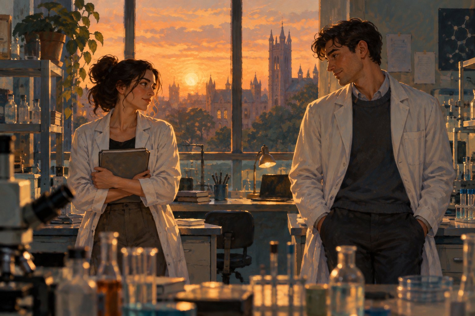 Painterly illustration of two adult scientists exchanging a hesitant glance in a university laboratory at dusk.