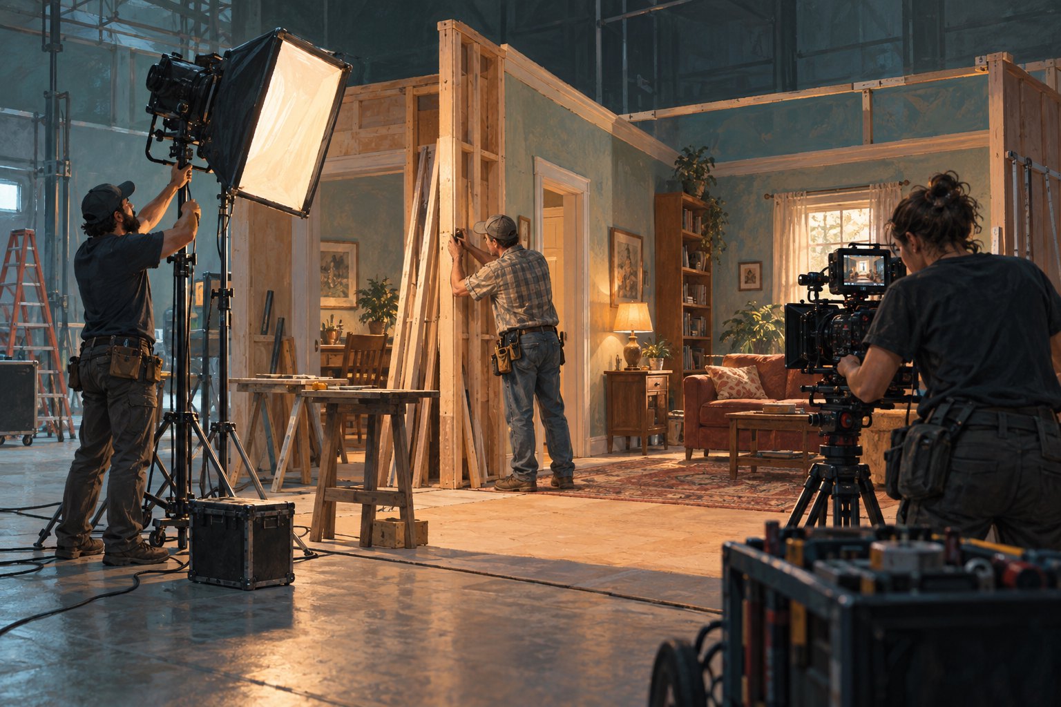 Editorial illustration of crew members adjusting lighting, building scenery, and preparing a camera on a soundstage.