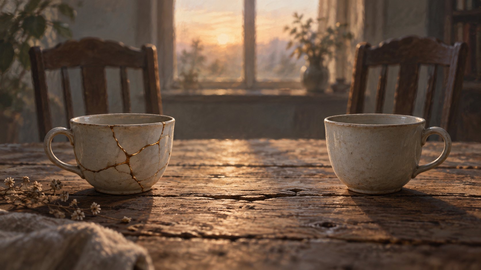 原創概念插畫:木桌兩端放著茶杯,其中一只留有修補痕跡,空椅象徵仍待重新面對的關係。