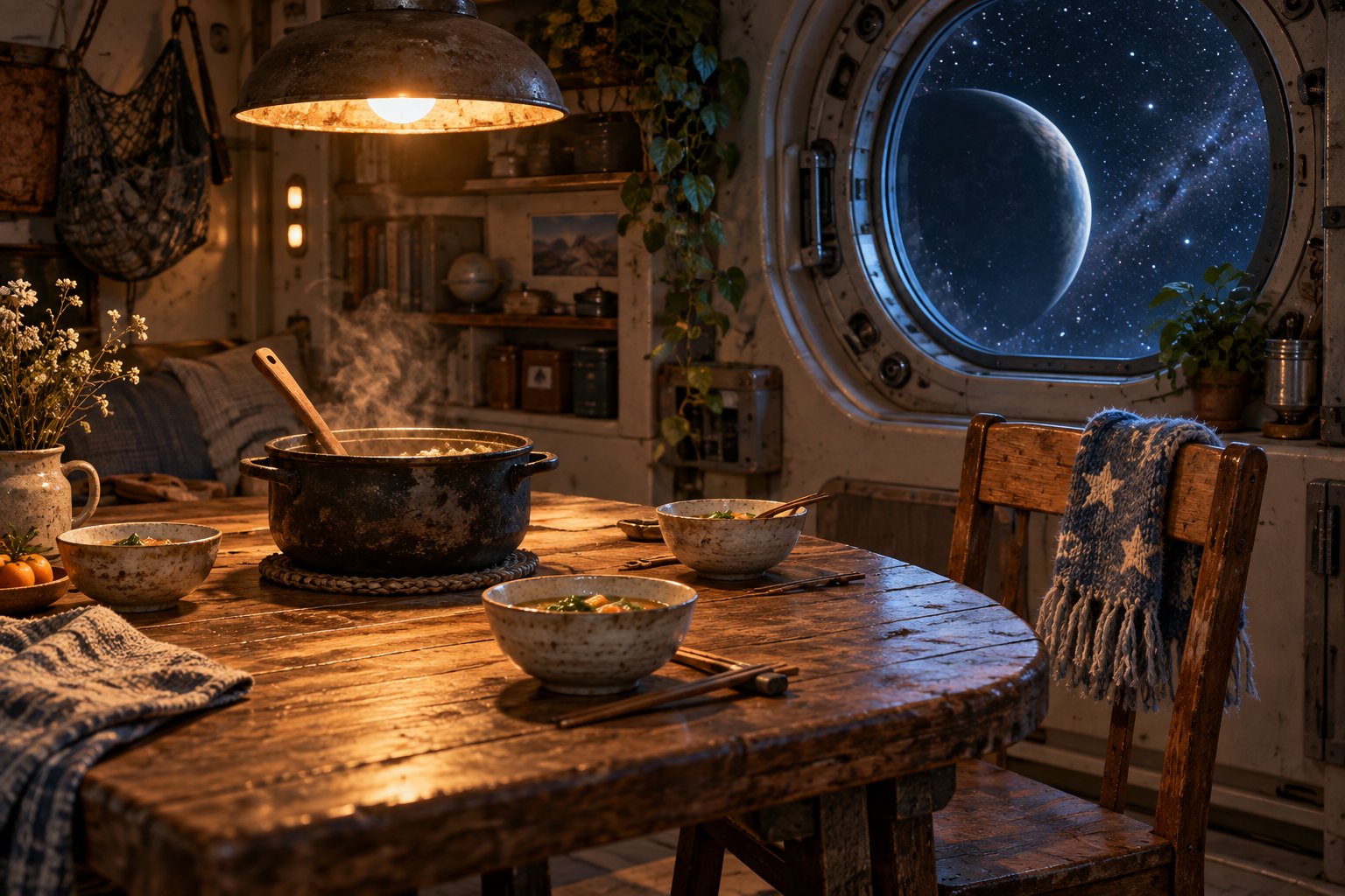 原创概念插画：星空舷窗旁的餐桌摆着热汤与三副碗筷，暖灯照亮空椅