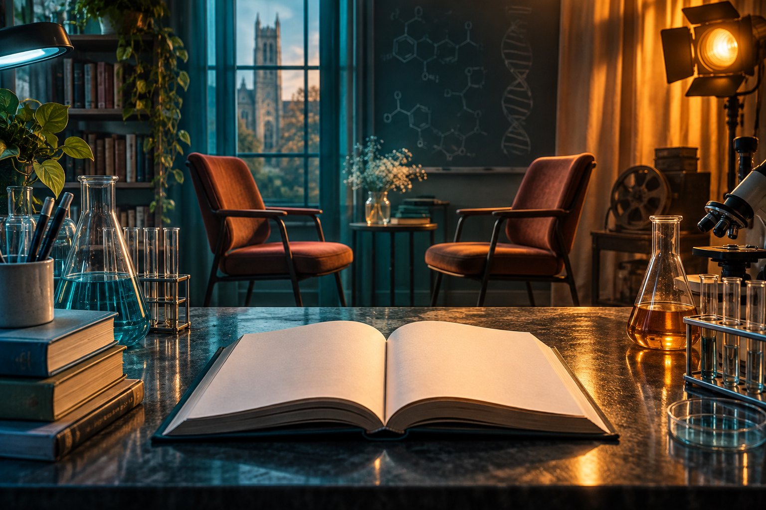 Conceptual illustration of an open blank book and laboratory glassware before two empty chairs in teal and amber light.