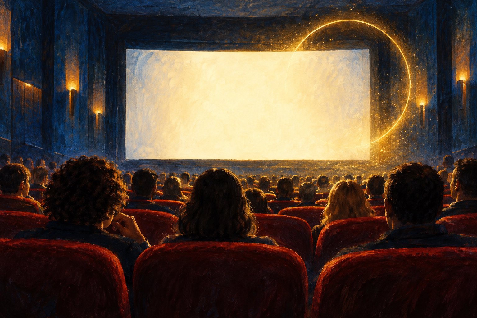 Editorial illustration of an audience facing a glowing cinema screen above rows of red seats.