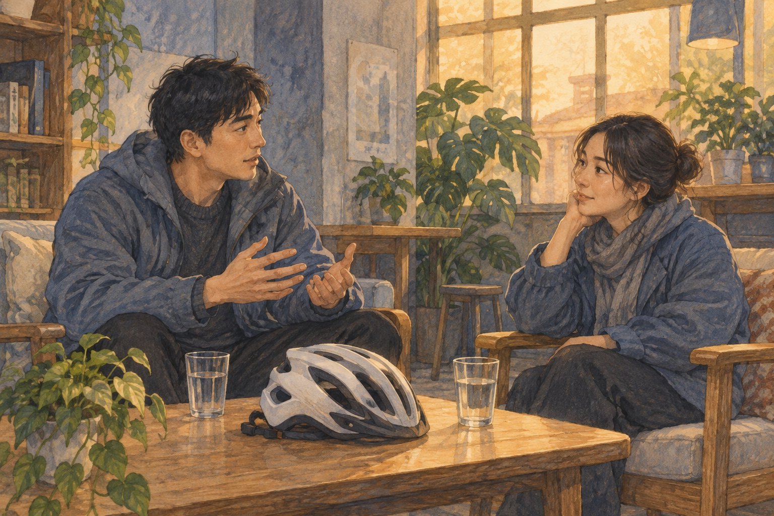 映后交流主题插画：两位观众在社区休息角交谈，桌上放着头盔和水杯，非活动实拍