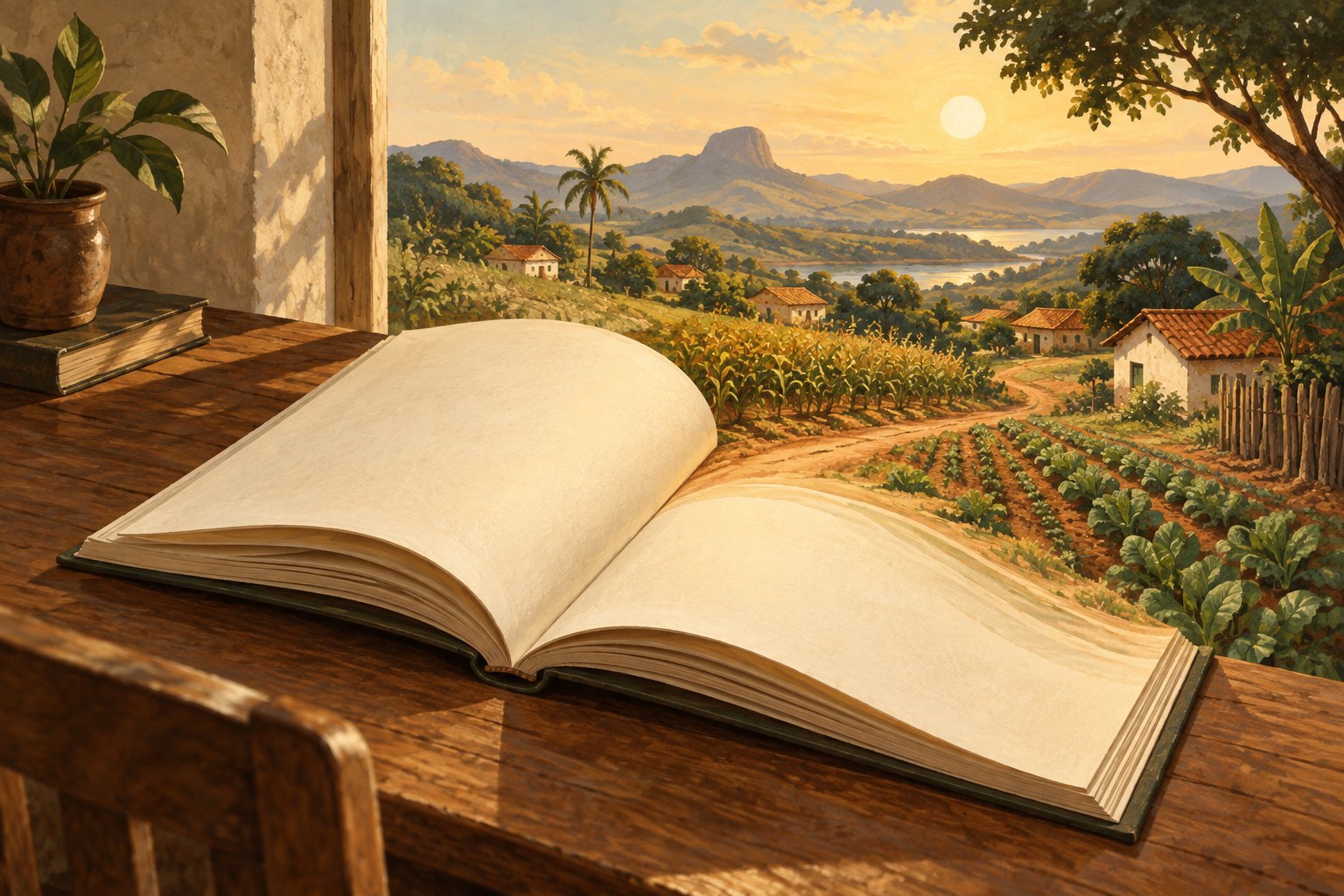 Conceptual illustration of an open book blending into a sunlit rural Brazilian landscape.