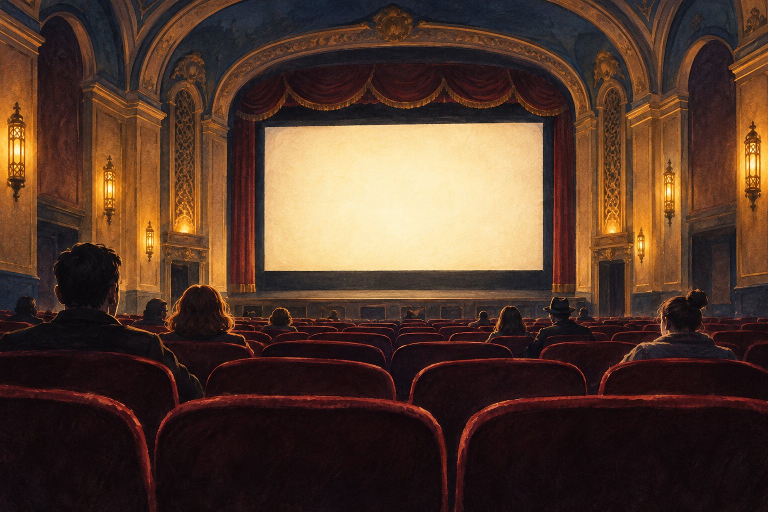 Conceptual illustration of moviegoers facing a glowing blank screen inside an ornate cinema with burgundy seats.