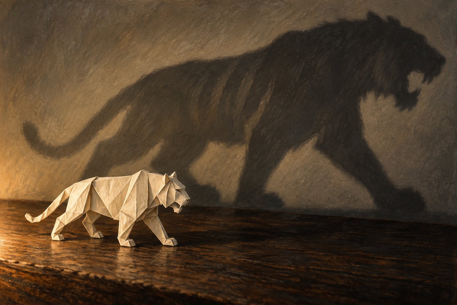 Conceptual illustration of a folded paper tiger casting an oversized feline shadow across a wall.