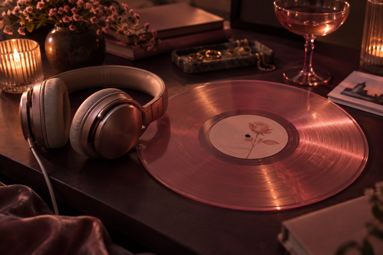 Conceptual still life of headphones beside a translucent pink record in warm cinematic light.