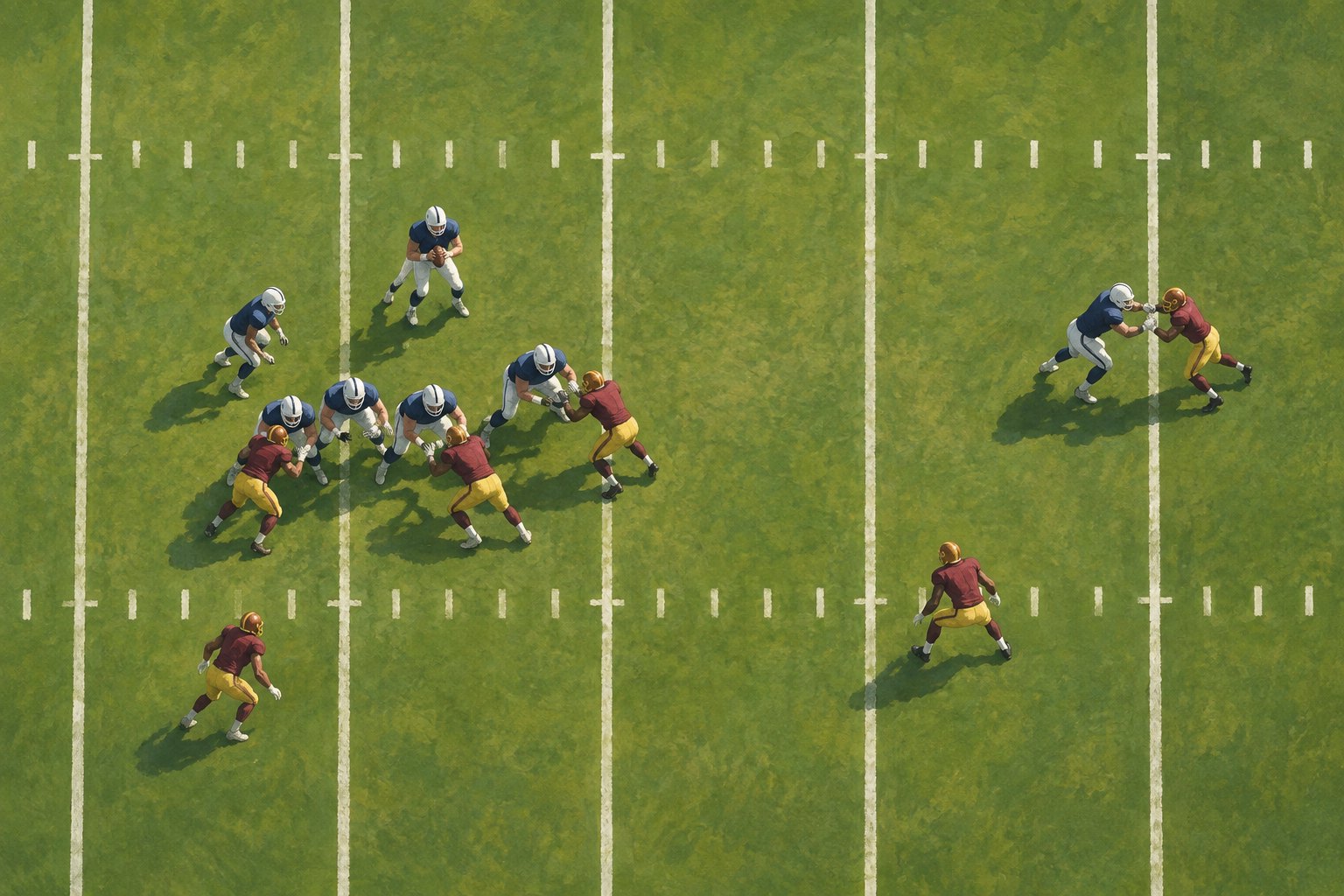 Conceptual overhead illustration of football players showing open space and blocking away from the ball.
