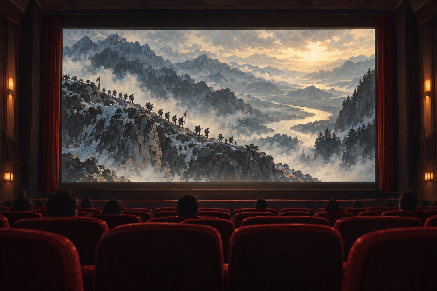 影院座椅与银幕上的山河行军意象,长征题材概念插画,非影片剧照