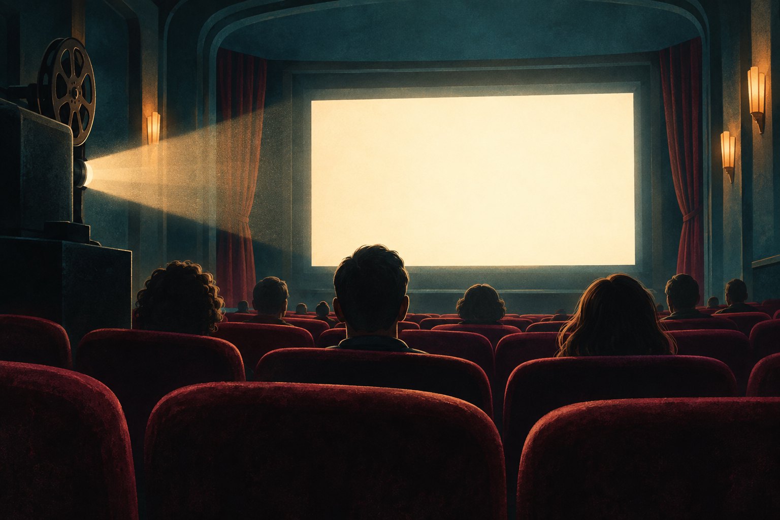 Conceptual illustration of moviegoers in burgundy theater seats facing a blank illuminated screen.
