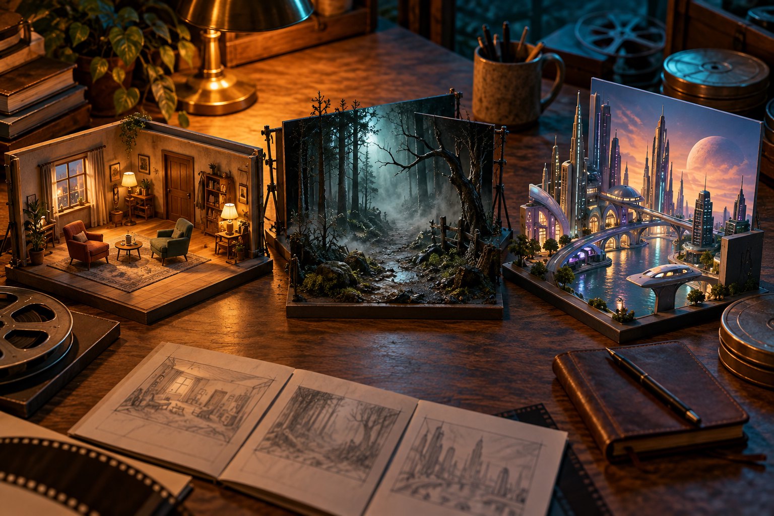 Three miniature film sets depicting a cozy apartment, a misty forest, and a futuristic city on a wooden desk.