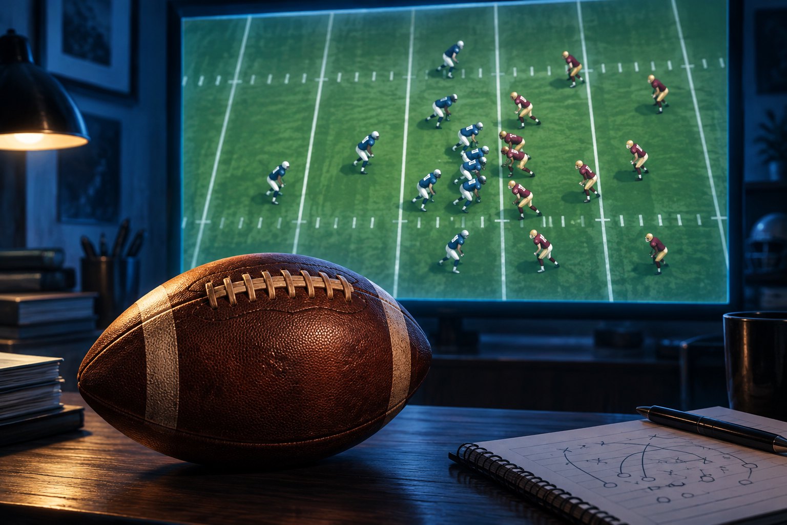 Conceptual illustration of a football on a desk in front of a screen displaying a football formation.