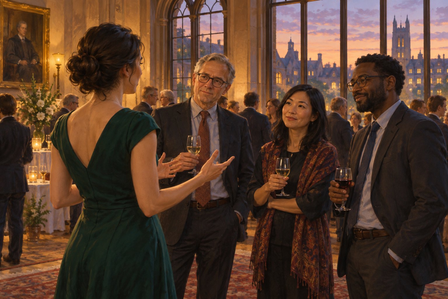 Conceptual illustration of a young woman addressing three academics at a warmly lit university reception.