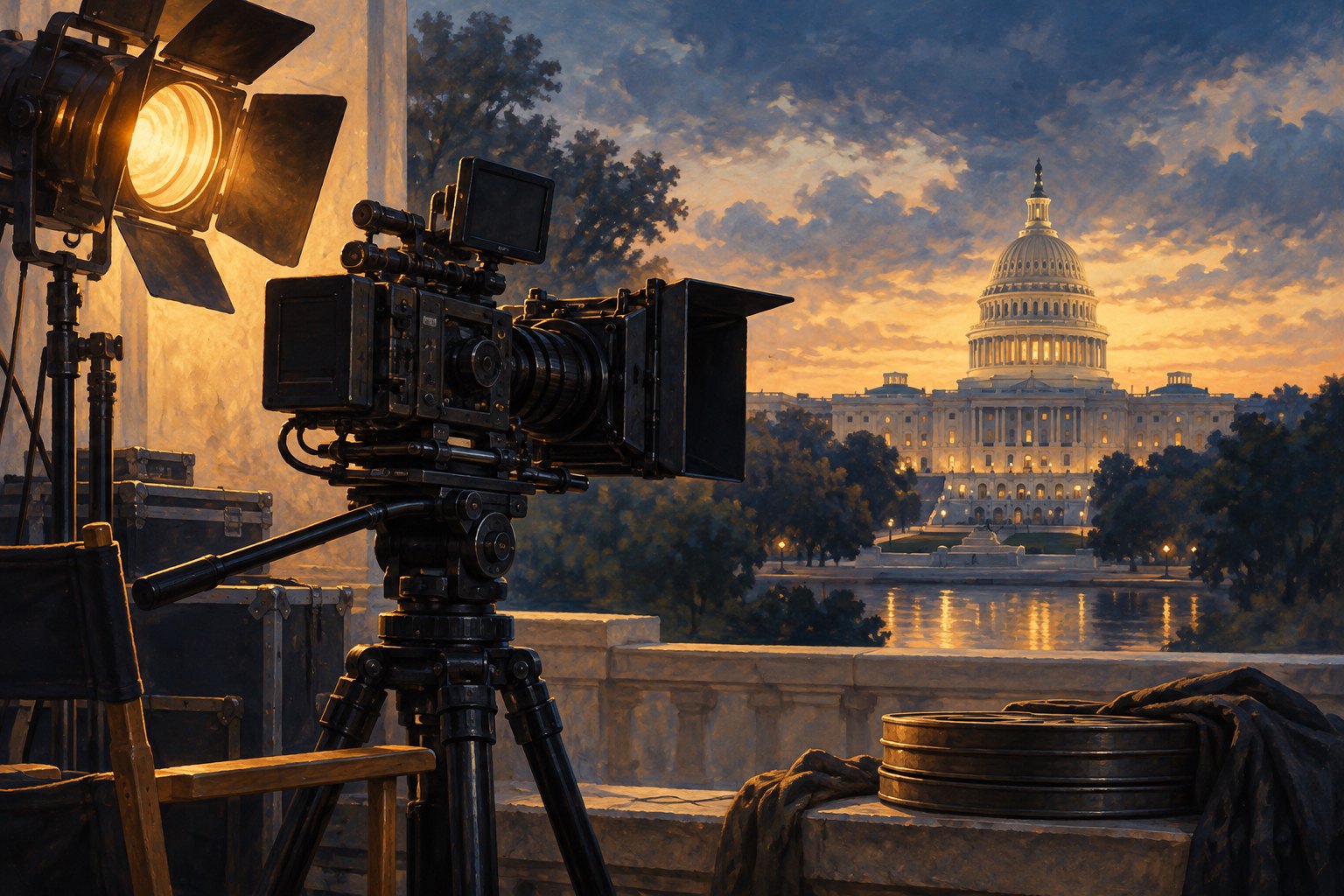 Editorial illustration of a cinema camera and glowing studio light with the U.S. Capitol in the background.
