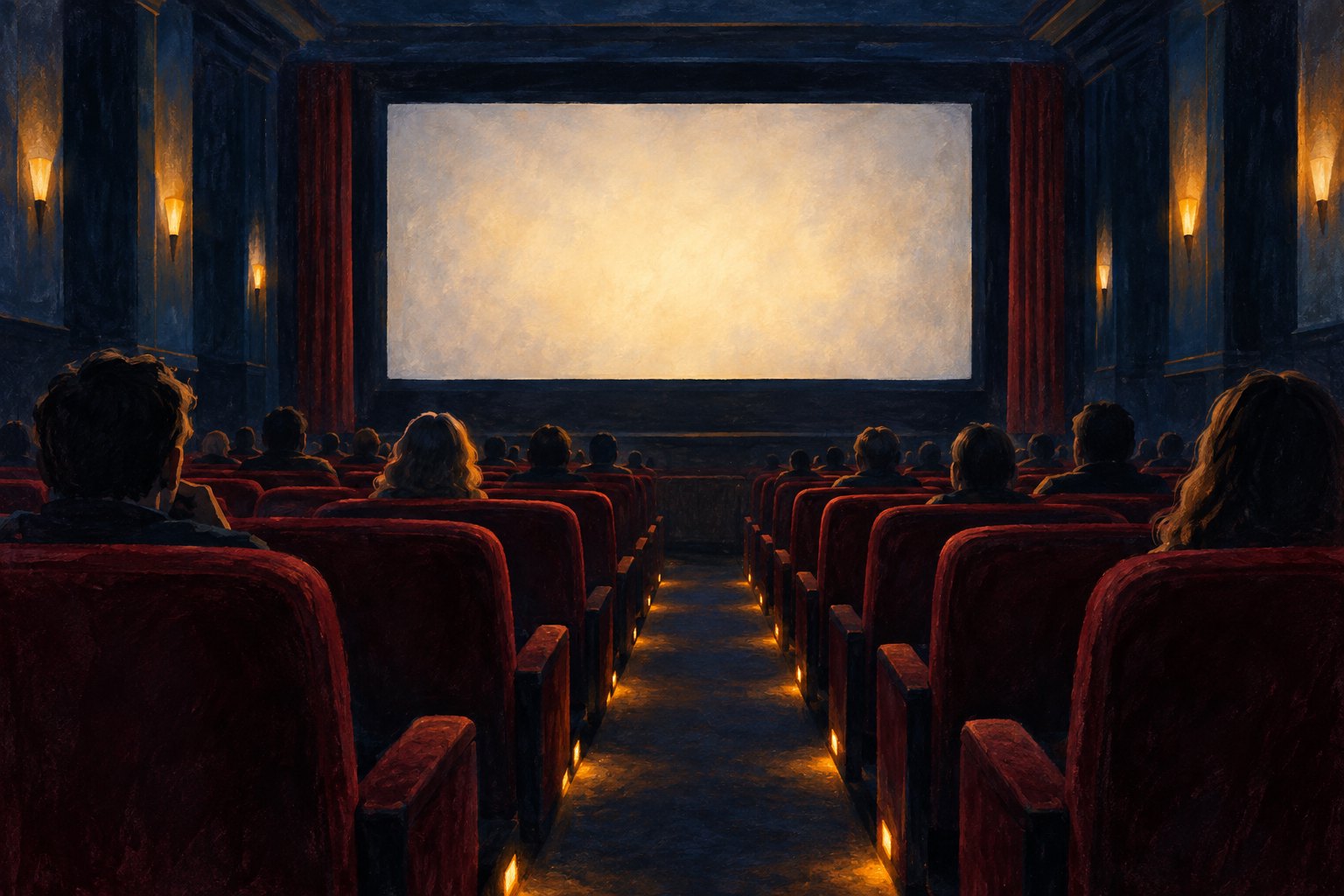 Conceptual illustration of moviegoers facing a glowing blank screen in a cinema with burgundy seats and amber aisle lights.