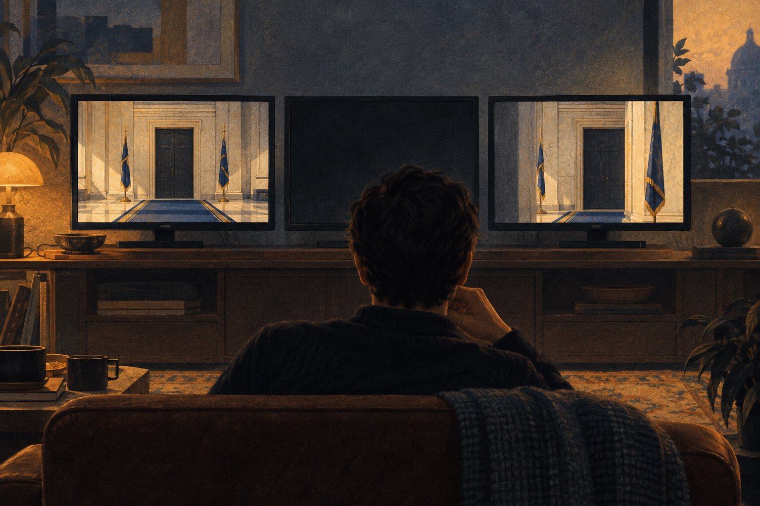 Conceptual illustration of a viewer facing three monitors, with two showing different views of a ceremonial doorway and the middle screen dark.
