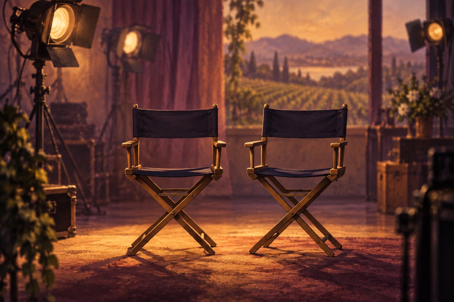 Conceptual illustration of two empty director’s chairs in warm studio lighting.