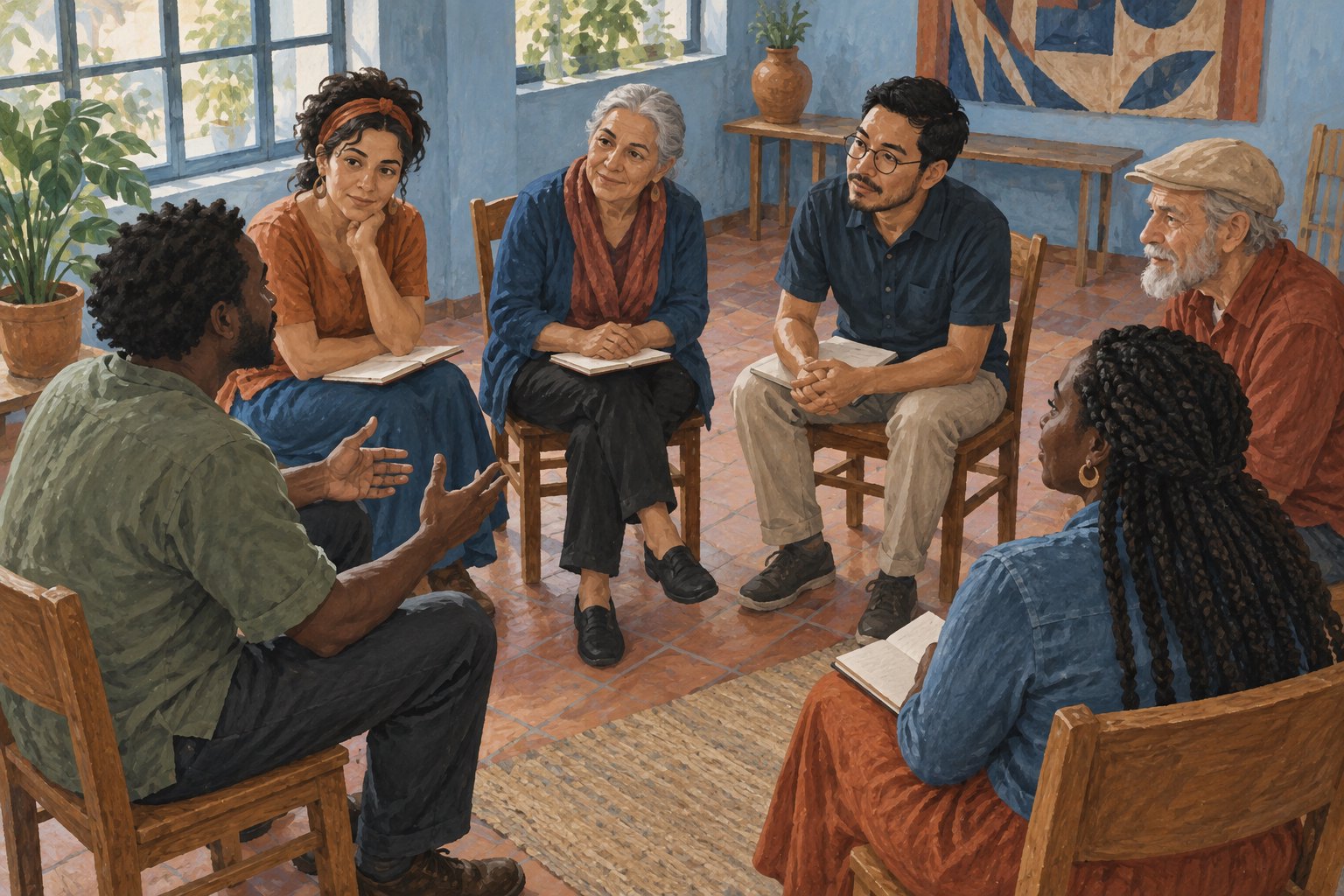 Conceptual illustration of six adult learners sharing ideas in a circle in a sunlit community room.