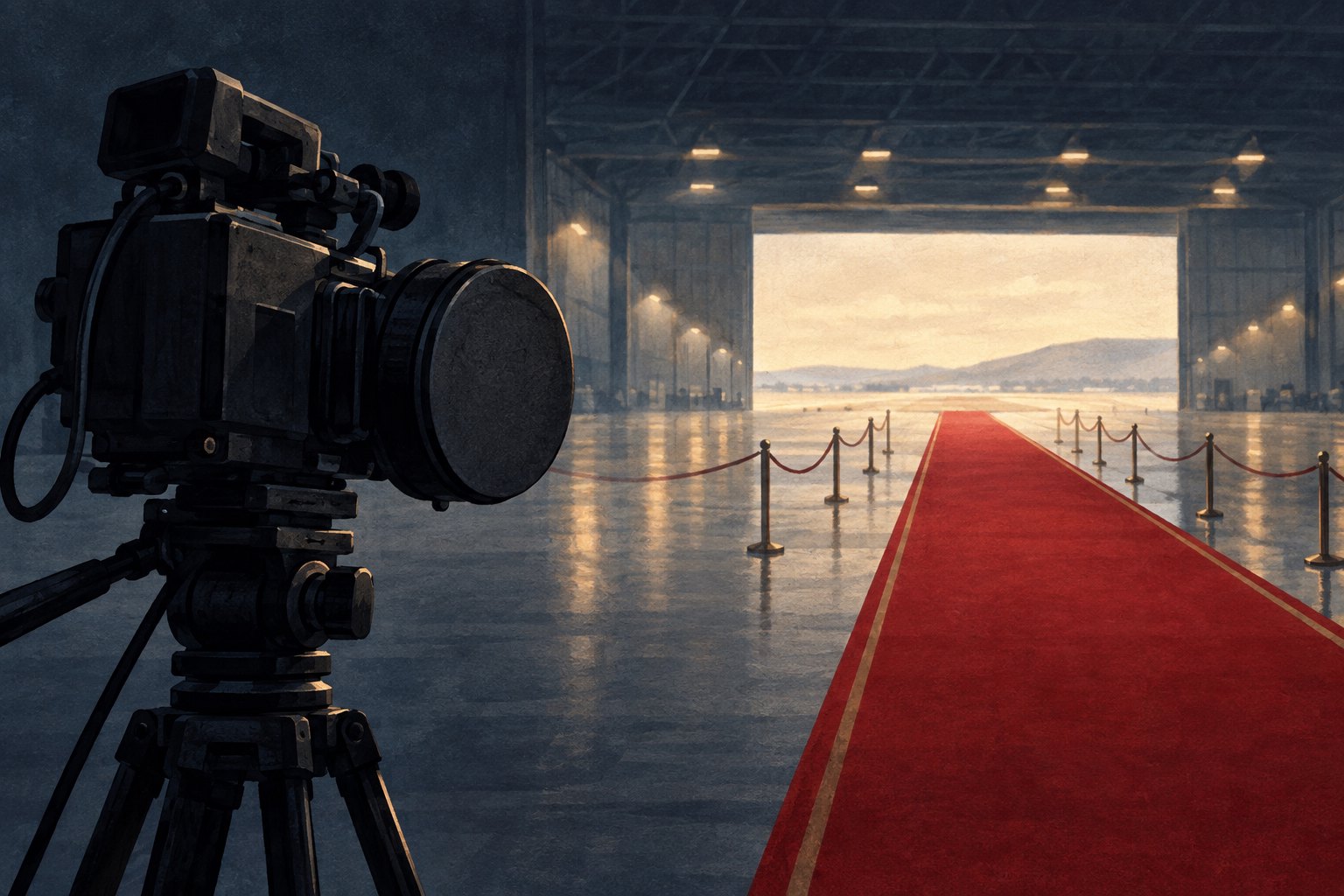 Conceptual illustration of a capped television camera beside an empty red carpet in an airport hangar.
