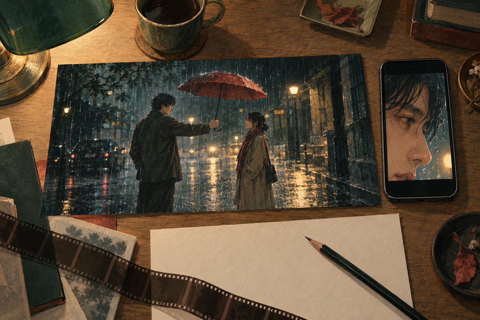 观看方式对照概念插画:桌面上的完整雨夜场景与手机中的人物局部特写并置