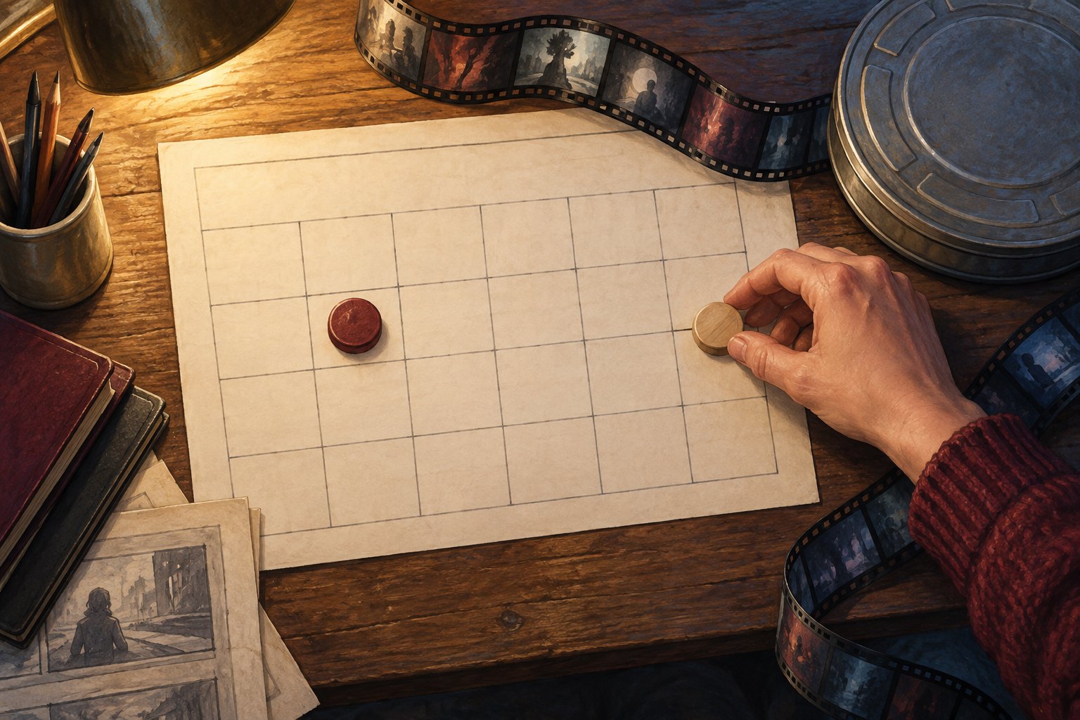 A hand moves a wooden marker across a blank calendar beside film strips and a metal film canister.
