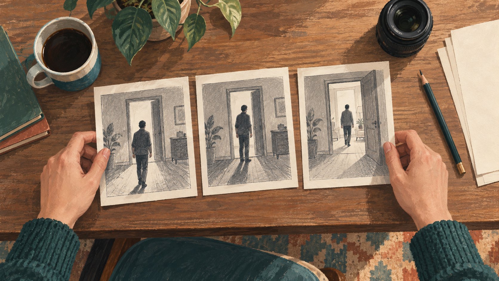 原創概念插畫:桌面上的三張分鏡依序描繪人物接近門口、停留與進門,呈現動作和停頓的敘事差異