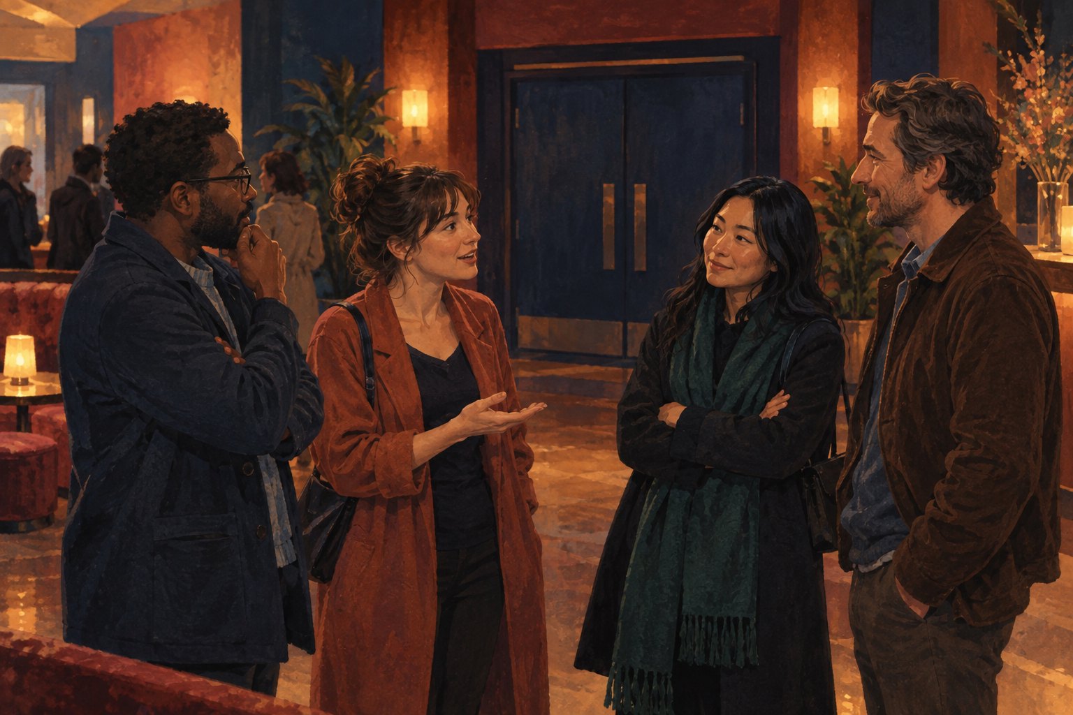 Editorial illustration of four moviegoers discussing a screening in a warmly lit cinema lobby.