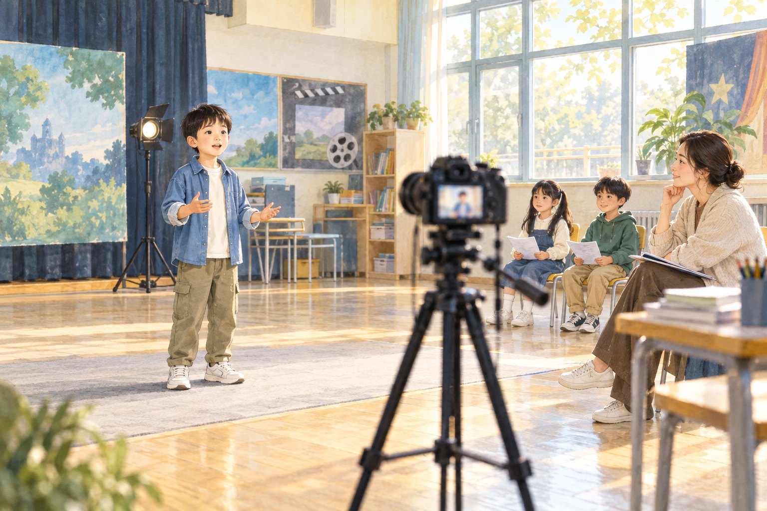校园试镜主题插画：孩子面对摄像机表达，成人在旁倾听，同伴坐着等候