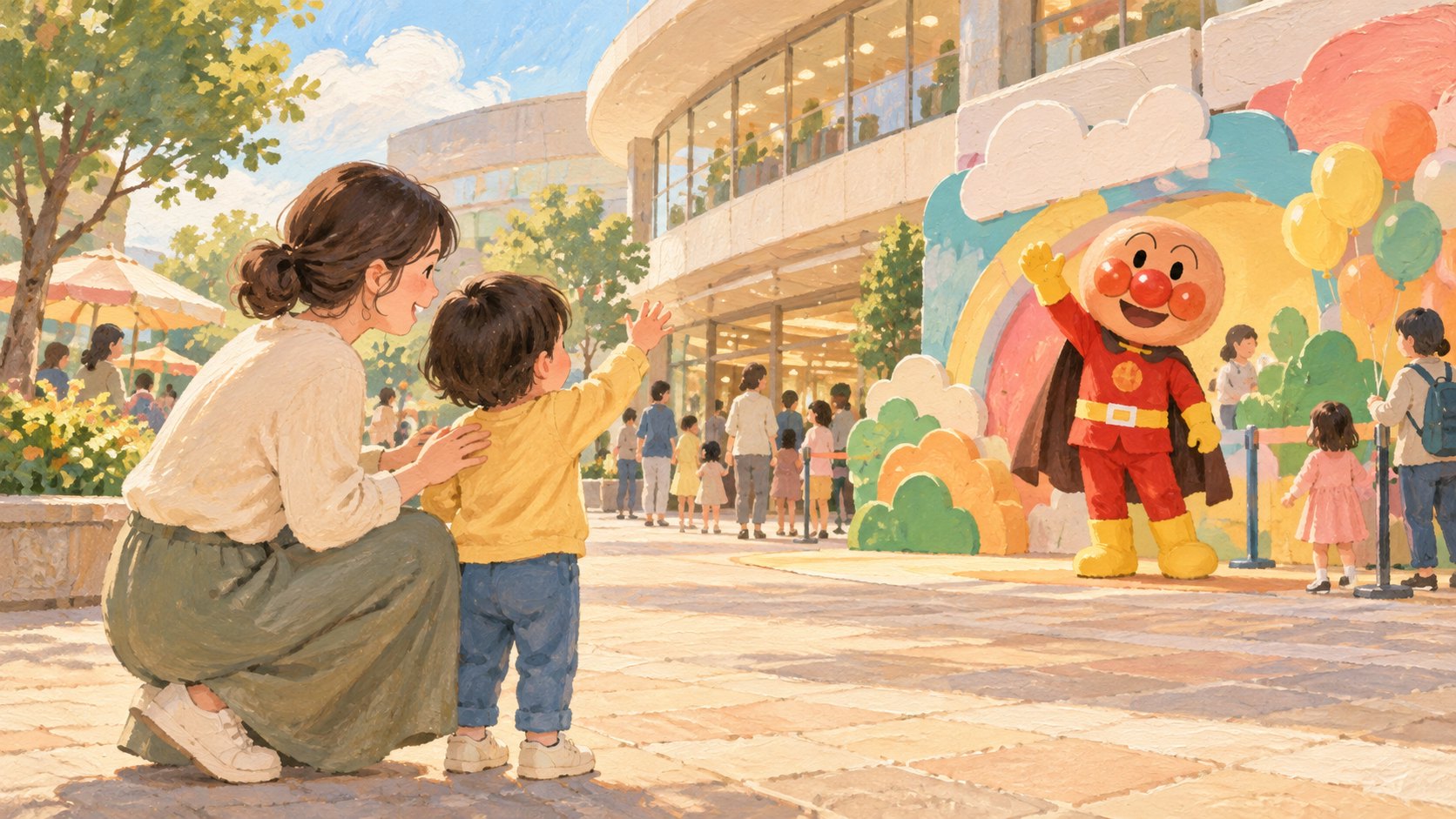 原創情境插畫：家長蹲下陪孩子向遠處的麵包超人人偶揮手，非實際活動現場。