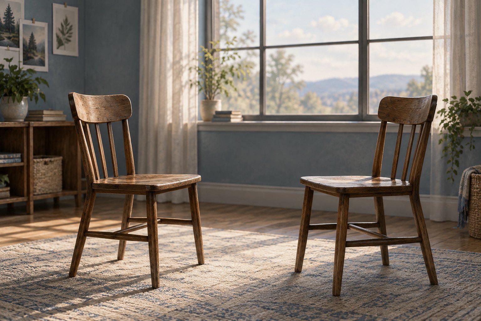 An editorial illustration of two empty wooden chairs facing each other beside a sunlit window.