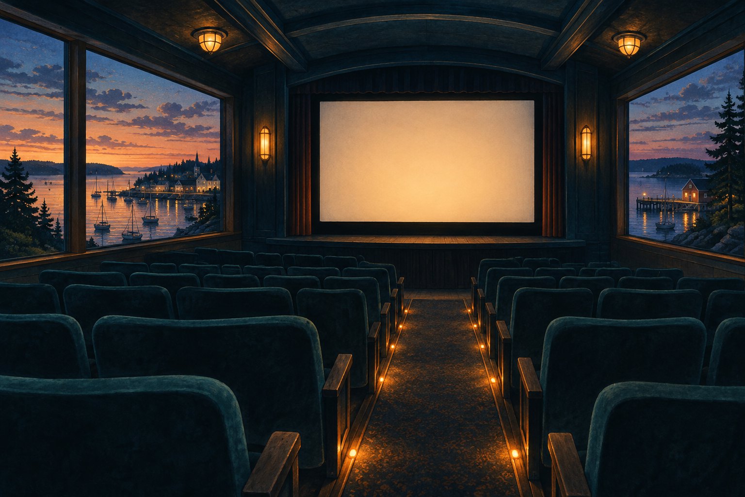Conceptual illustration of an empty cinema with a glowing screen and windows overlooking a coastal harbor at dusk.