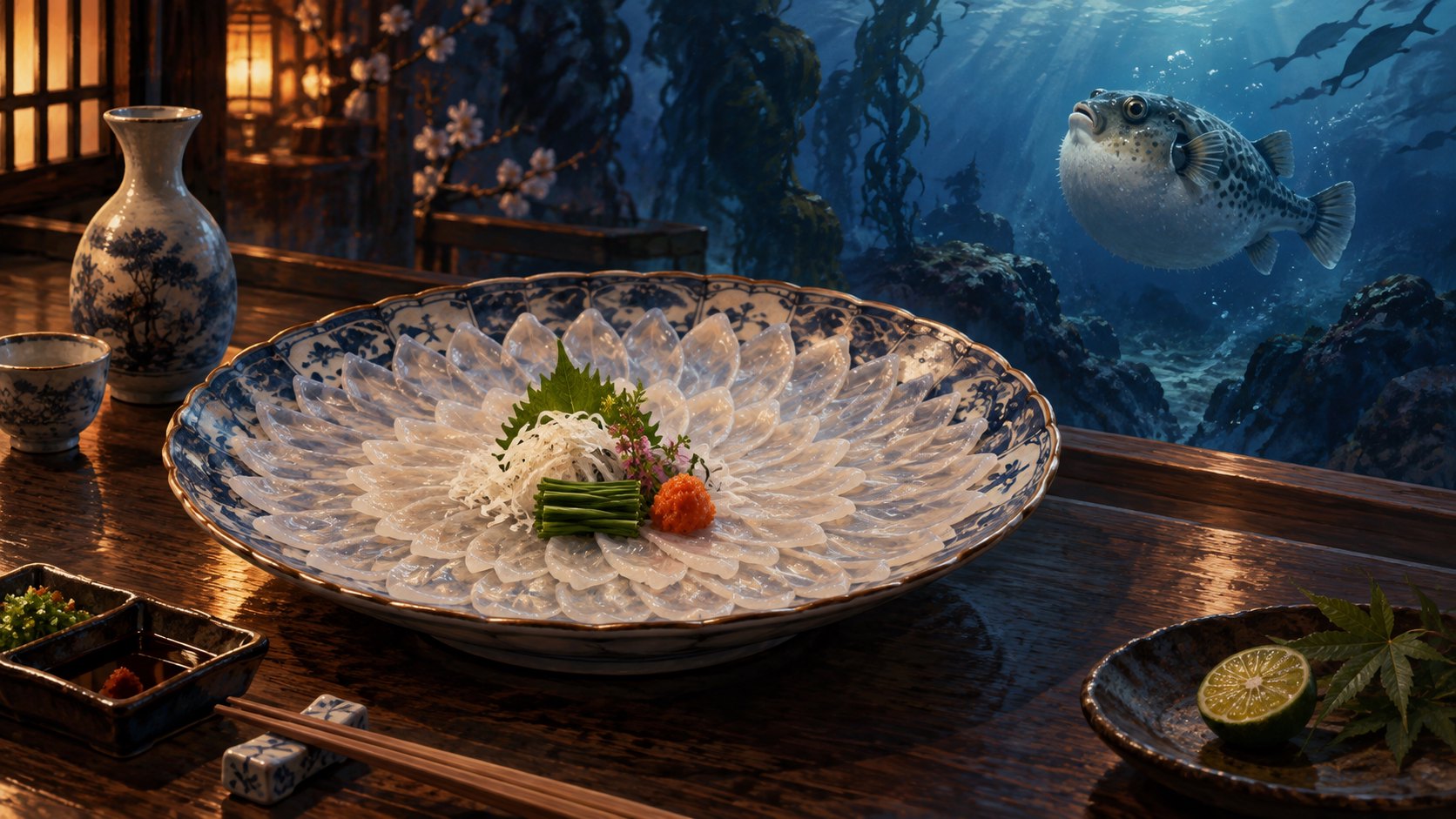 原創概念插畫:暖光下的河豚生魚片瓷盤,與藍色水域中的河豚並置,呈現餐桌和海洋的連結。