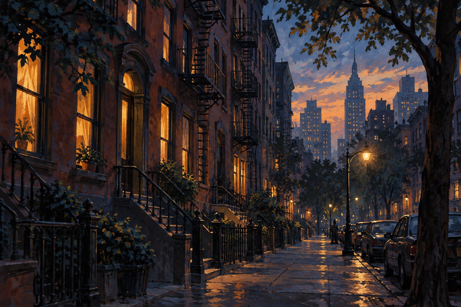 Conceptual illustration of a New York residential street at dusk, with brick facades, fire escapes, and warmly lit windows.