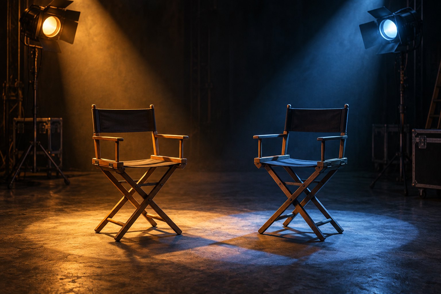 Conceptual illustration of two empty actors’ chairs under warm amber and cool blue lights on a dark soundstage.