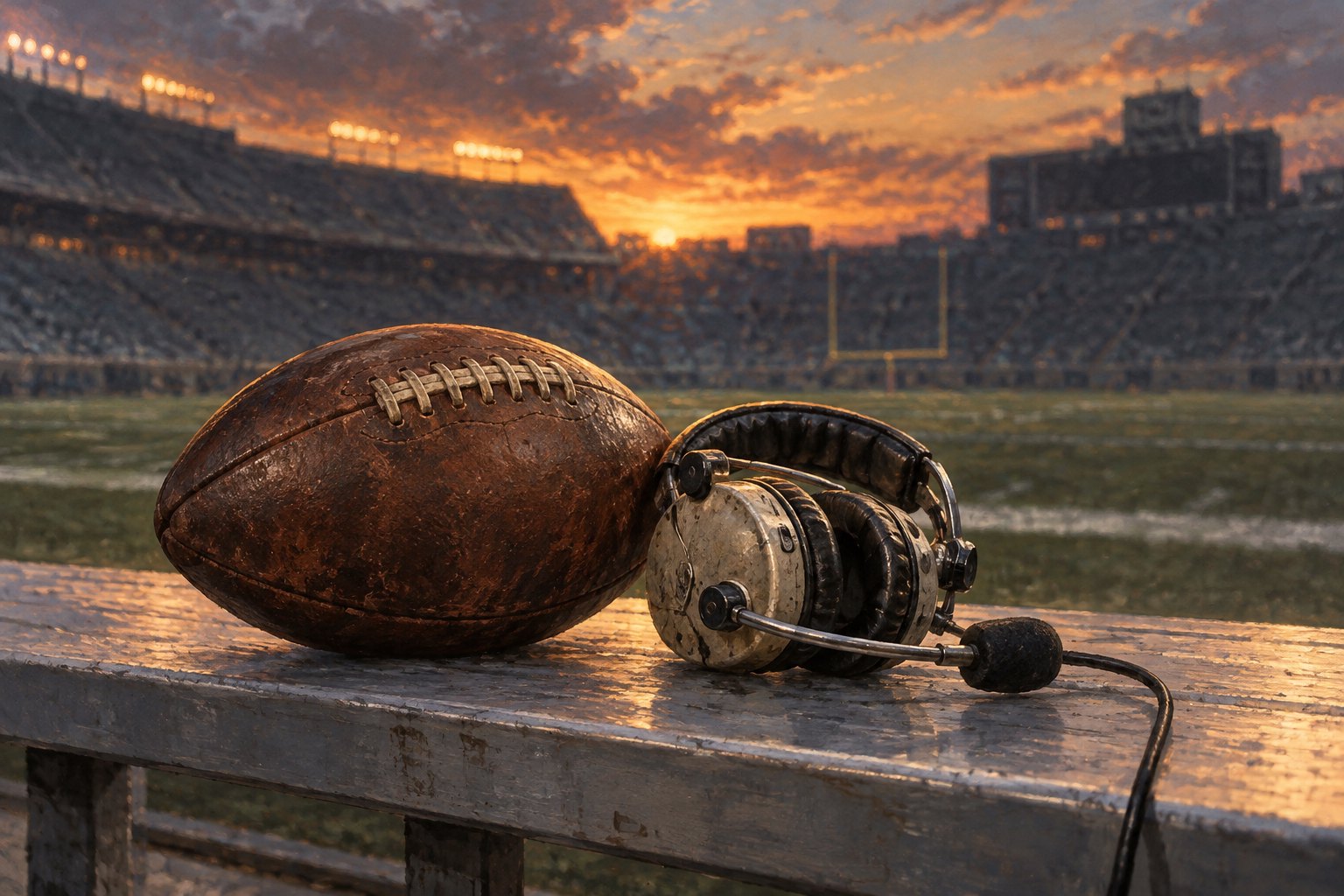 Painterly illustration of a worn football and coaching headset on a stadium bench at sunset.