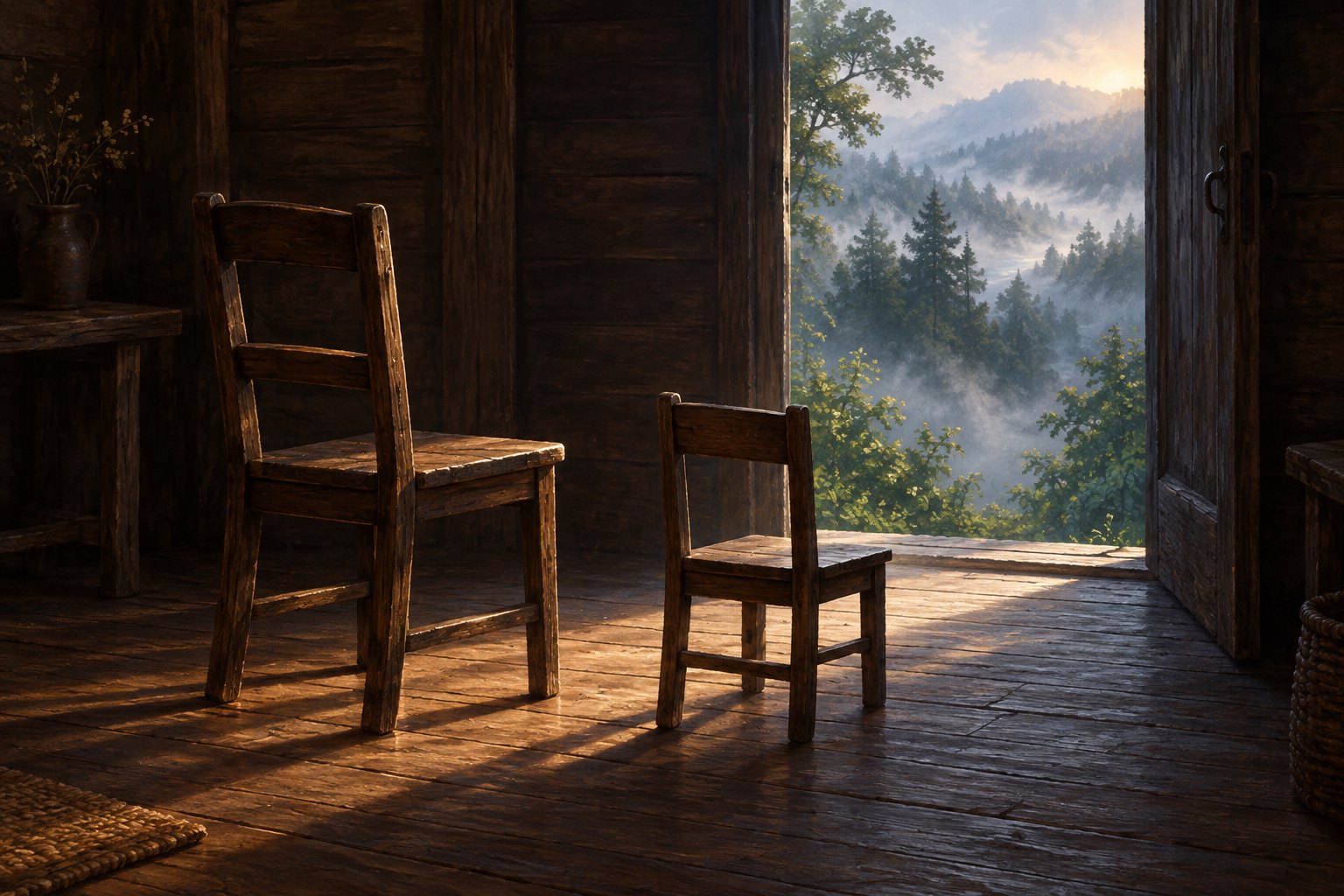 Symbolic illustration of an adult chair and a child’s chair facing an open doorway toward a misty forest.