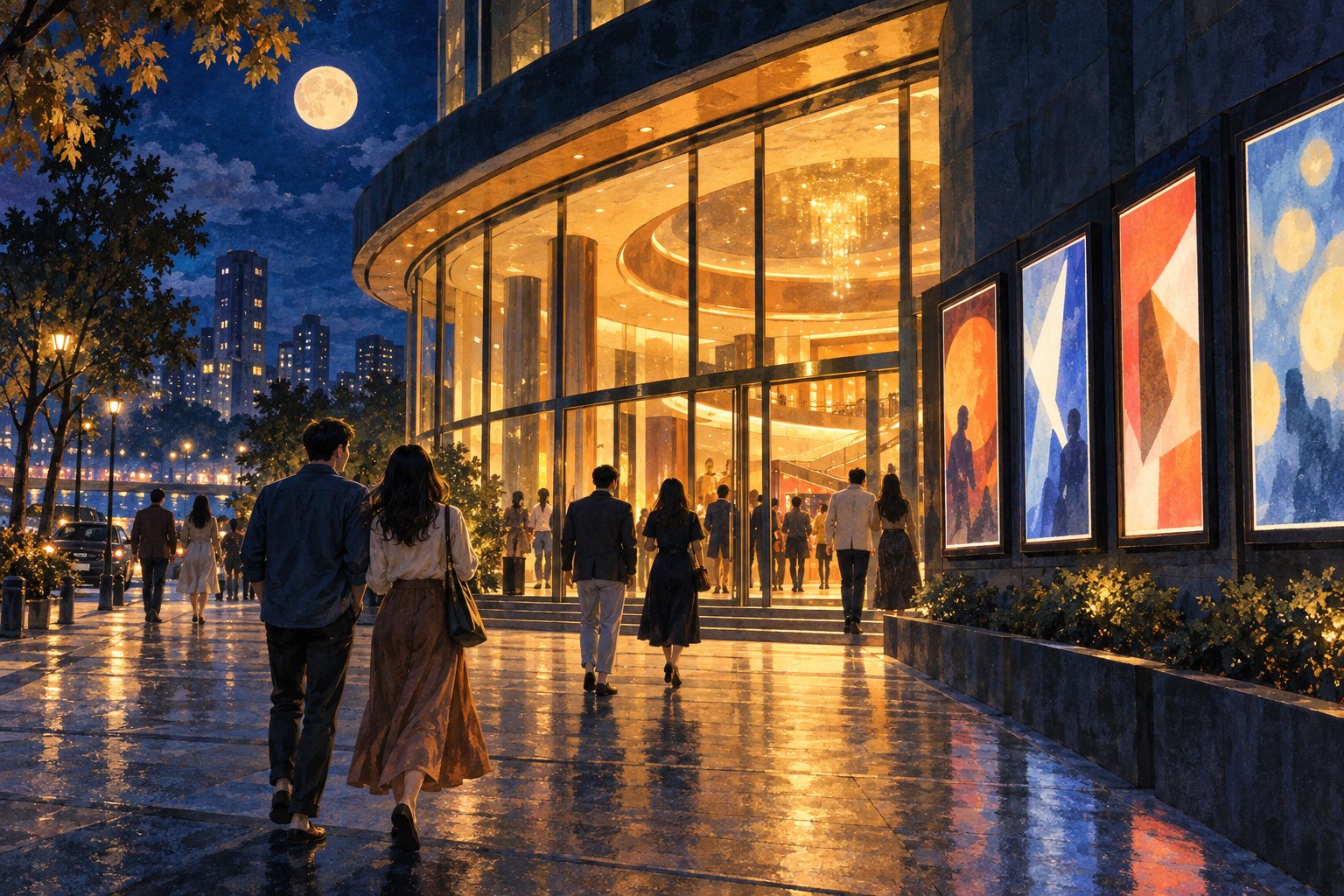 中秋圆月下，观众走向灯光温暖的电影院，入口两侧排列着抽象海报灯箱