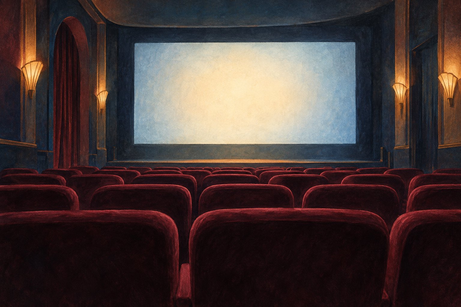Conceptual illustration of an empty cinema with burgundy seats facing a softly illuminated blank screen.