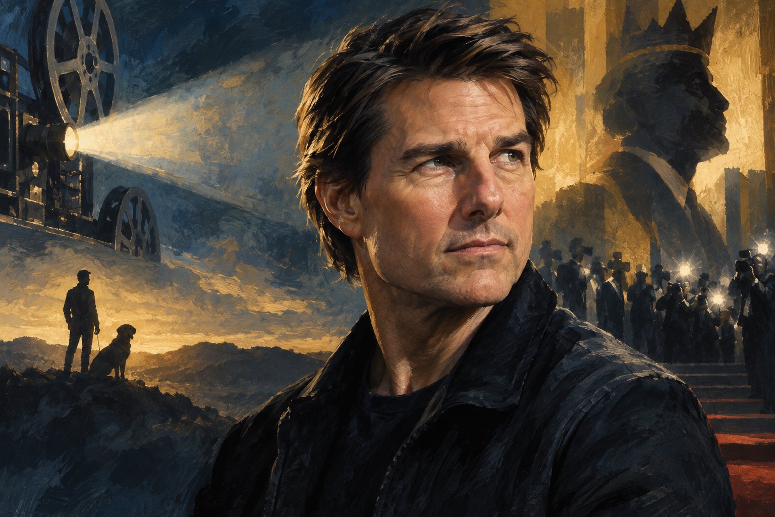 Conceptual painted portrait of Tom Cruise surrounded by film imagery and warm theatrical light.