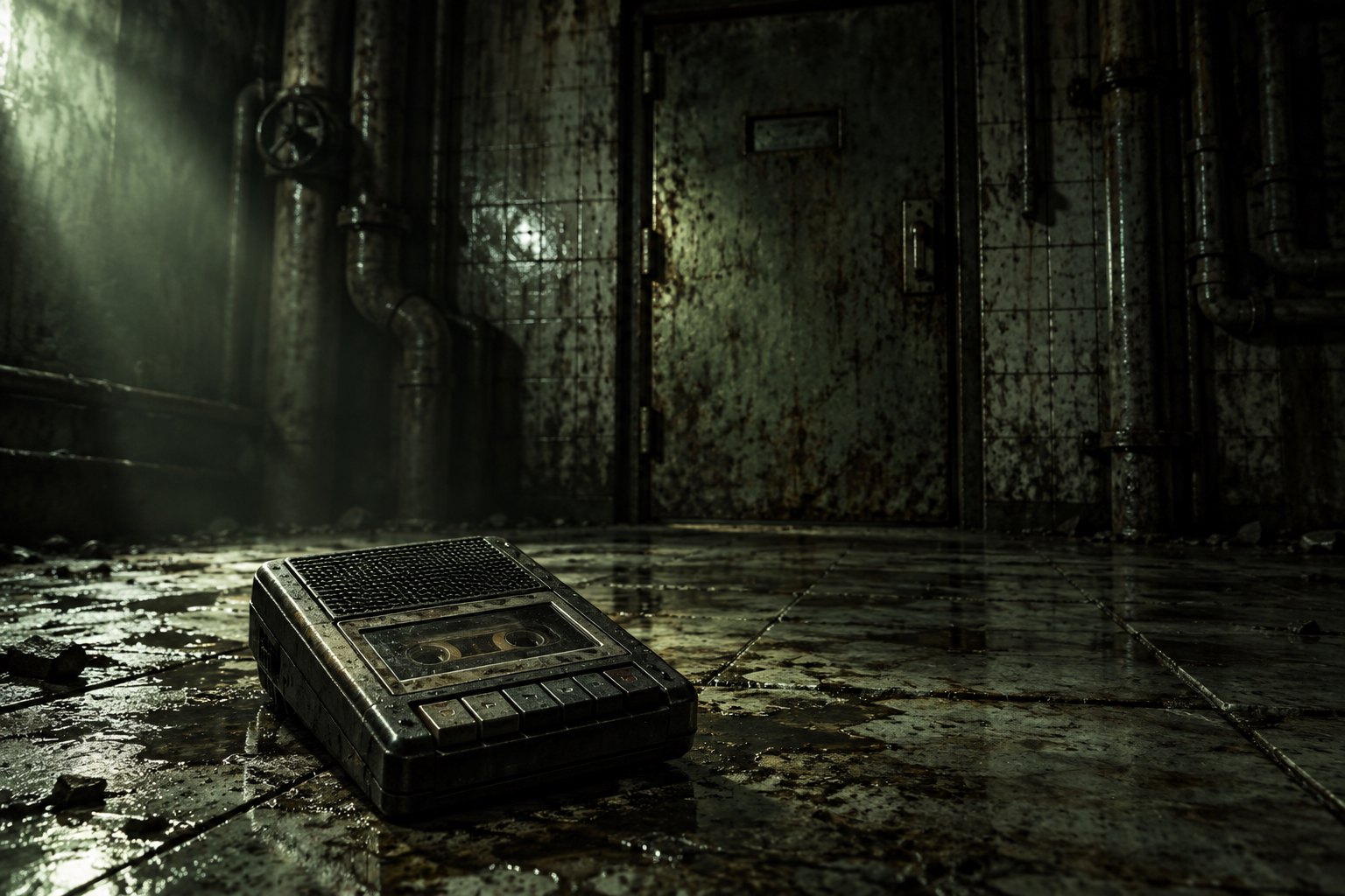 A cassette recorder rests on a grimy tiled floor beneath exposed pipes near a closed industrial door.