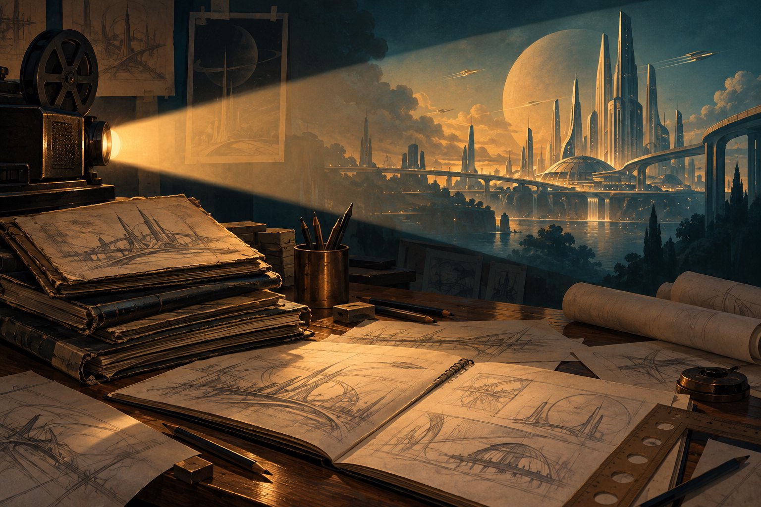 Conceptual illustration of aged animation sketchbooks and a projector illuminating an imagined futuristic city.