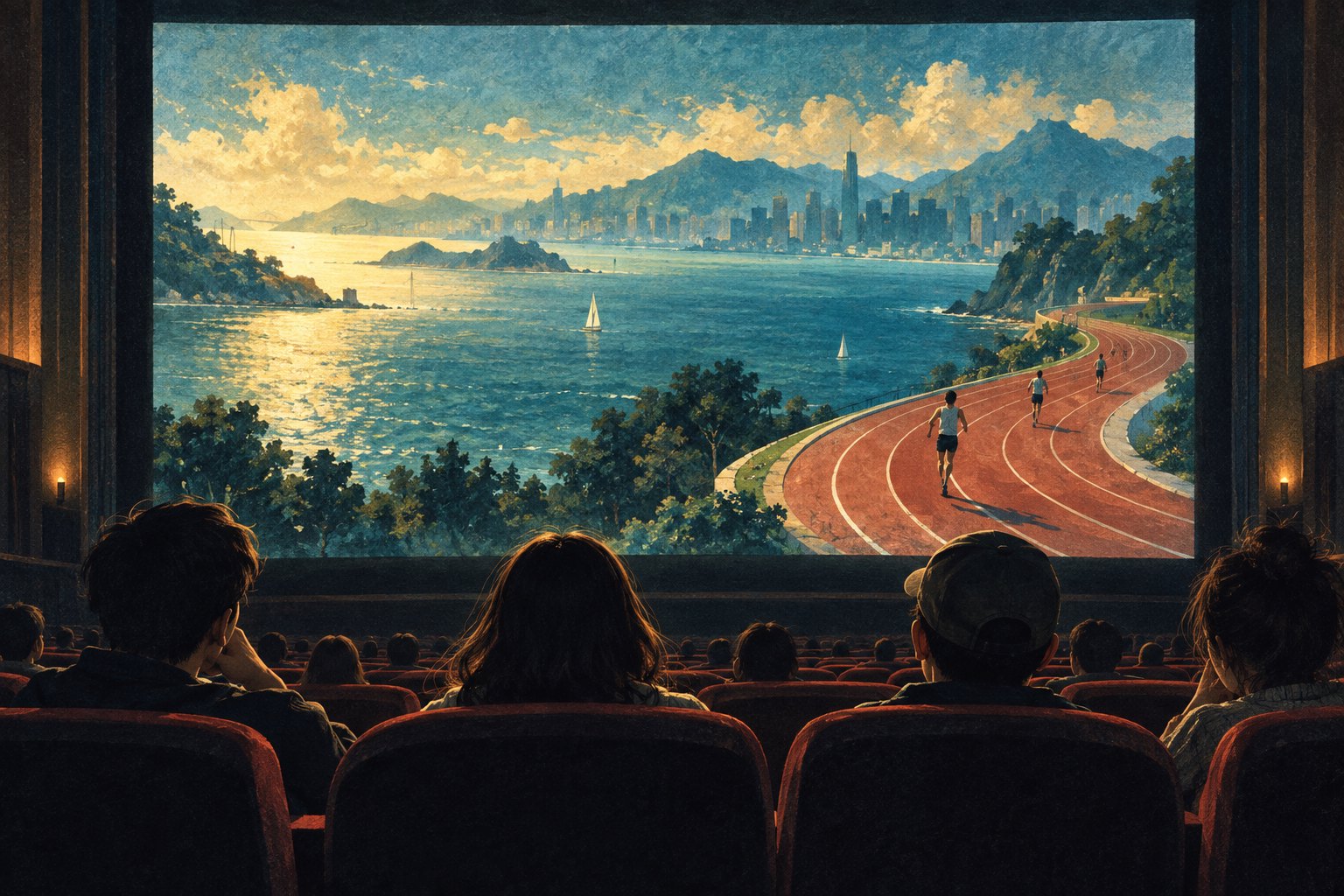 观众在影院观看海湾与跑道交织的银幕画面,体育纪录电影主题插画,非影片剧照