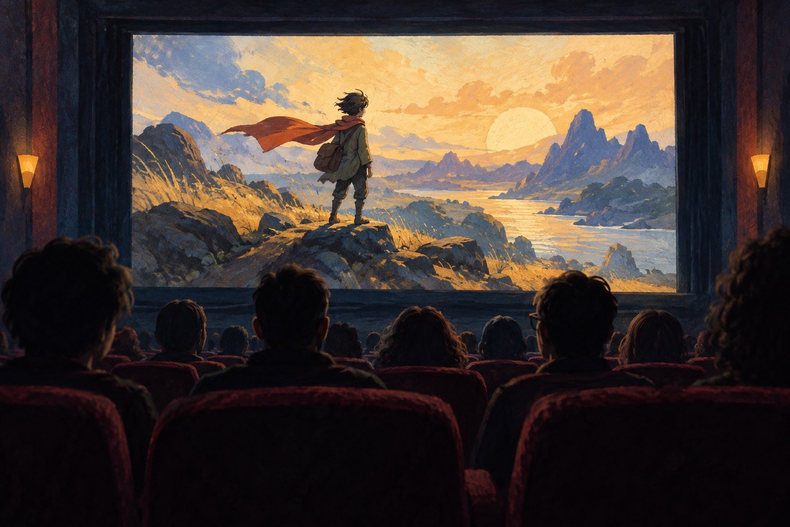 Conceptual illustration of a cinema audience watching an animated traveler in a windswept landscape.