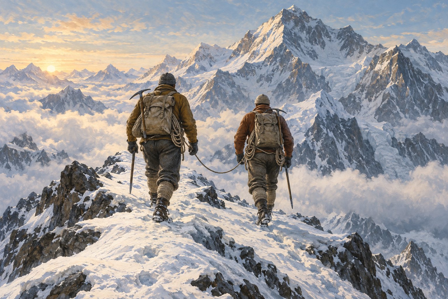 Conceptual illustration of two climbers in vintage mountaineering gear connected by a rope on a snowy Himalayan ridge.