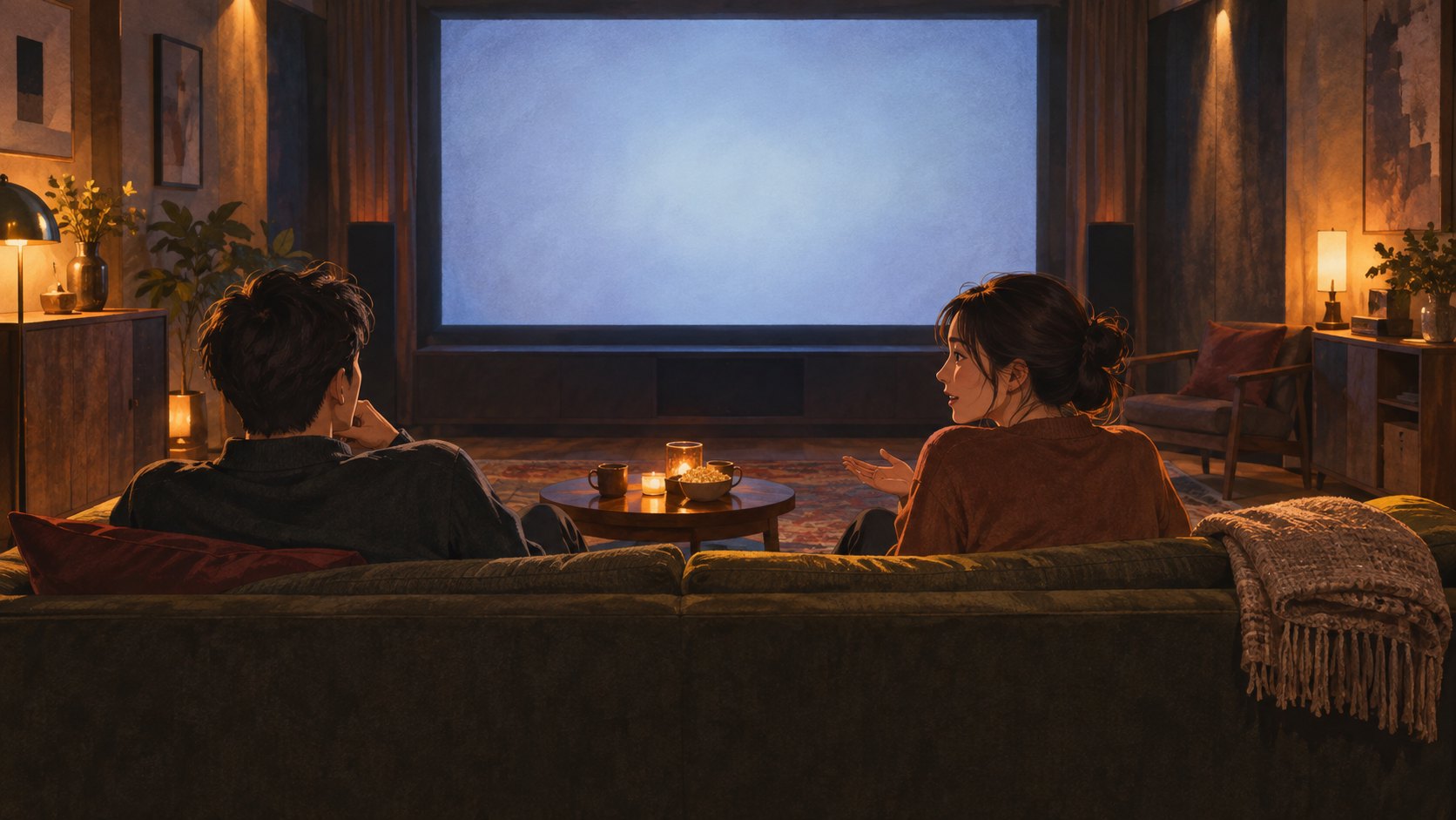 原創概念插畫:兩名成人坐在虛構觀影空間的沙發上,一人看向銀幕,一人轉身交談