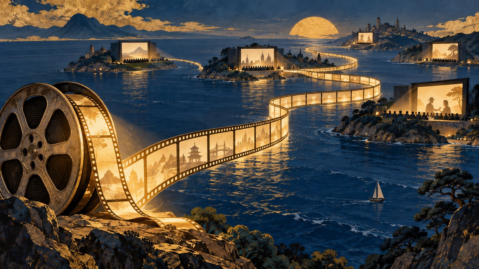 原創概念插畫:電影膠卷化為跨海光橋,連接不同岸邊的銀幕與觀眾