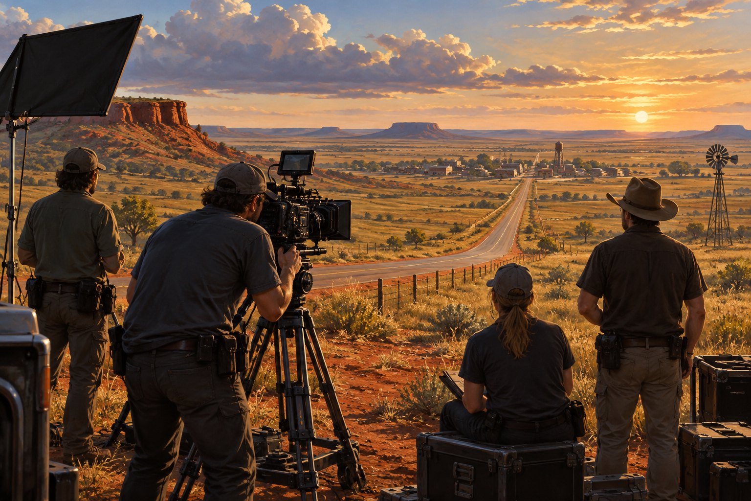 Conceptual illustration of a film crew overlooking an Oklahoma-inspired prairie road and distant town at sunset.